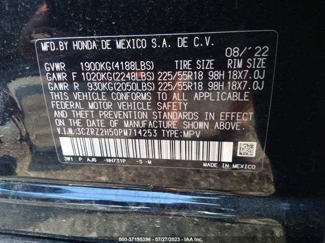 2023 HONDA HR-V SPORT VIN: 3CZRZ2H50PM714253