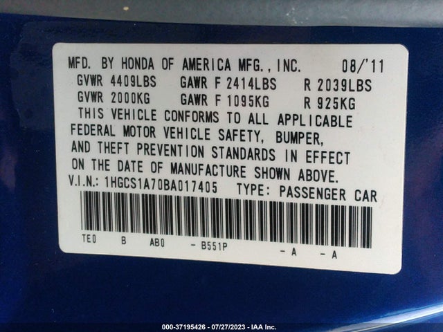 2011 HONDA ACCORD CPE EX VIN: 1HGCS1A70BA017405