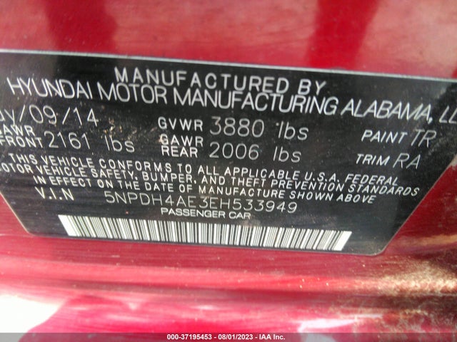 2014 HYUNDAI ELANTRA SE VIN: 5NPDH4AE3EH533949