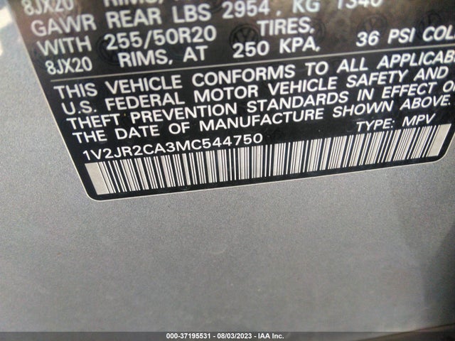 1V2JR2CA3MC544750 Volkswagen Atlas 3.6l V6 Se W/technology