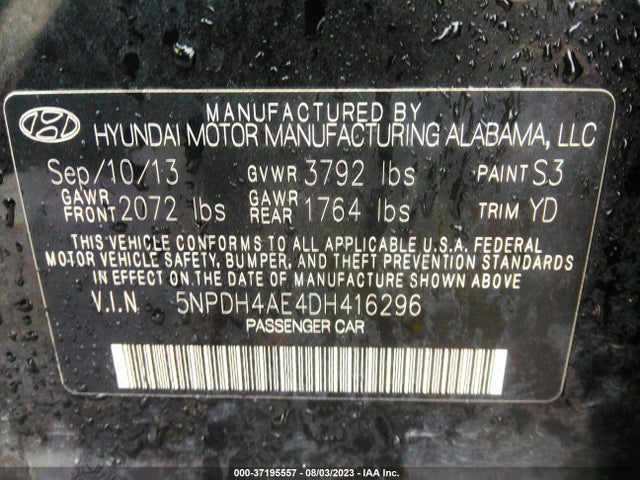 2013 HYUNDAI ELANTRA GLS VIN: 5NPDH4AE4DH416296