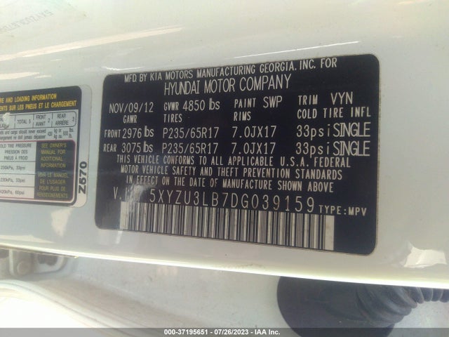 2013 HYUNDAI SANTA FE SPORT VIN: 5XYZU3LB7DG039159