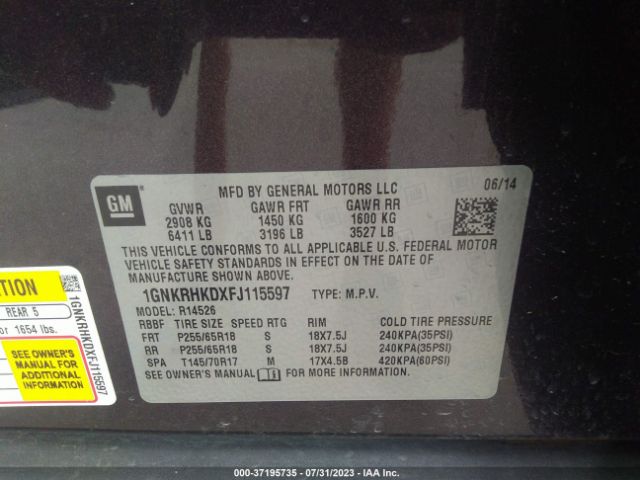 1GNKRHKDXFJ115597 Chevrolet Traverse Lt