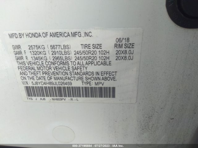 5J8YD4H89JL026459 Acura Mdx W/advance Pkg