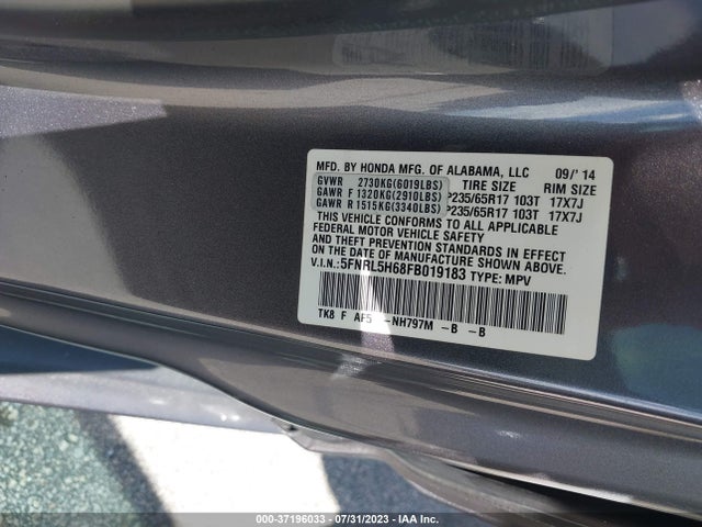 Honda Odyssey Ex-l 2015 5FNRL5H68FB019183 Image 9