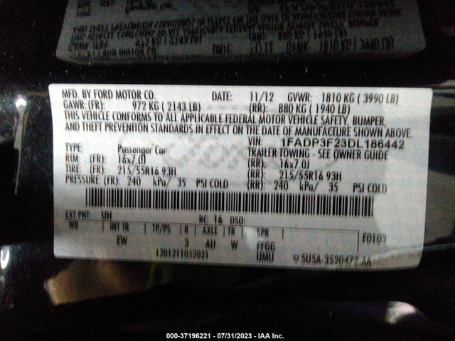 2013 FORD FOCUS SE VIN: 1FADP3F23DL186442