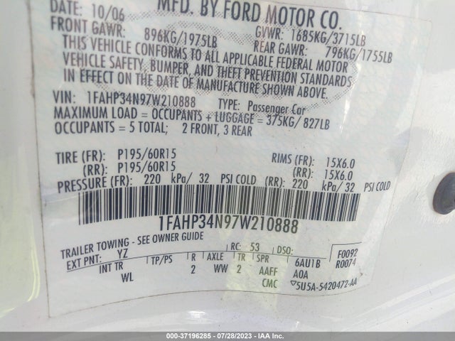 2007 FORD FOCUS S/SE/SES VIN: 1FAHP34N97W210888