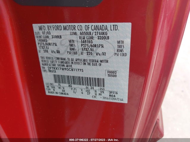 2003 FORD F-150 XL/XLT/LARIAT VIN: 2FTRX17W93CB11775