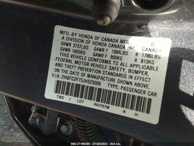 2018 HONDA CIVIC SEDAN EX VIN: 2HGFC2F75JH525006