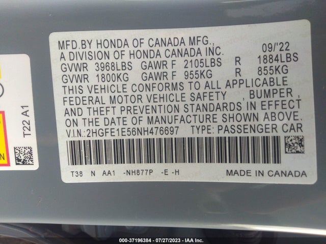 2022 HONDA CIVIC SI VIN: 2HGFE1E56NH476697