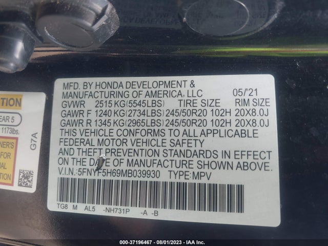 Honda Pilot Touring 7-passenger 2021 5FNYF5H69MB039930 Image 16