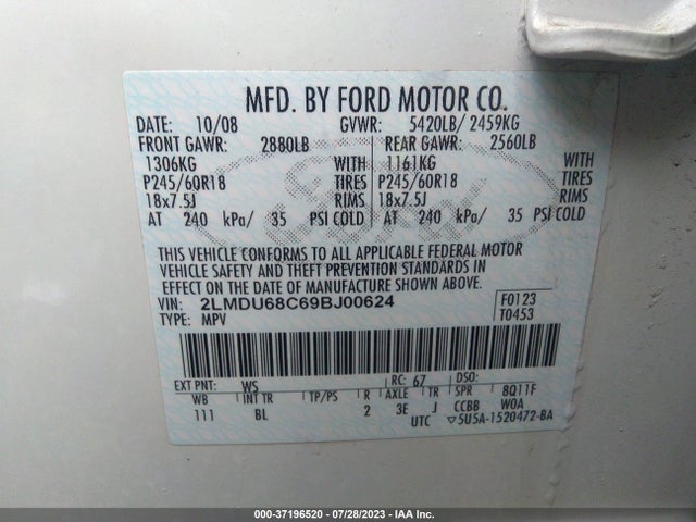 2009 LINCOLN MKX VIN: 2LMDU68C69BJ00624