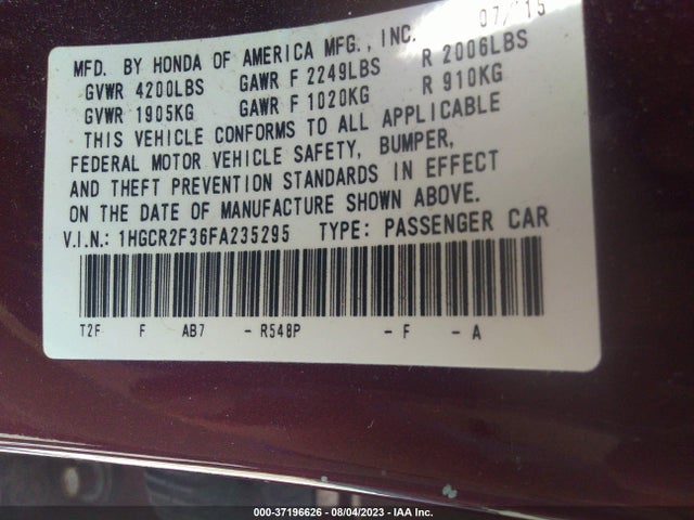 Honda Accord Sedan Lx 2015 1HGCR2F36FA235295 Image 9