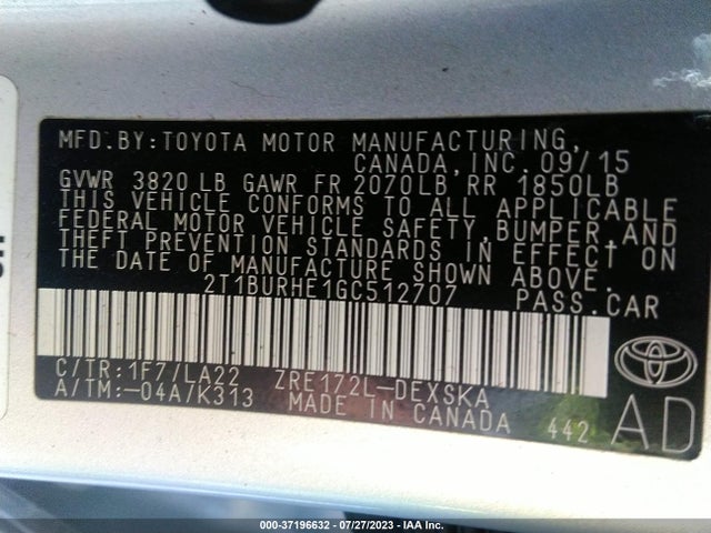 Toyota Corolla L/le/s/s Plus/le Plus 2016 2T1BURHE1GC512707 Image 9