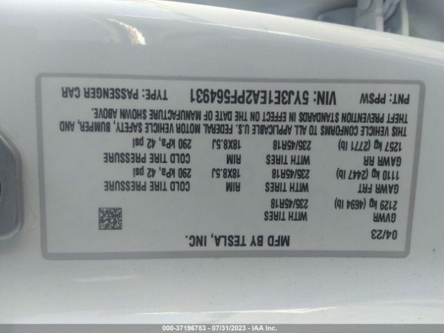 5YJ3E1EA2PF564931 Tesla MODEL 3