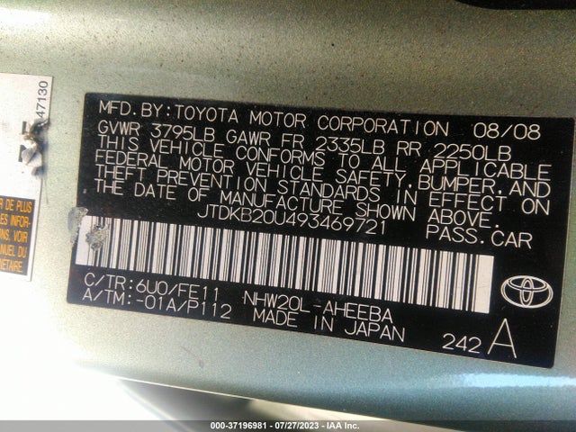 2009 TOYOTA PRIUS VIN: JTDKB20U493469721