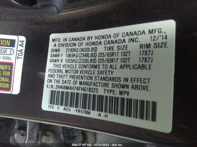 Honda Cr-v Ex-l 2015 2HKRM4H74FH618325 Image 9