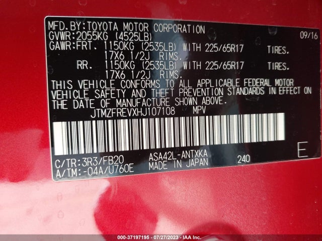 Aukcja sprzedaży 2017 Toyota Rav4 Le, vin: JTMZFREVXHJ107108, numer aukcji: 37197195