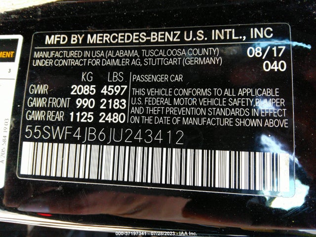 2018 MERCEDES-BENZ C-CLASS C 300 VIN: 55SWF4JB6JU243412