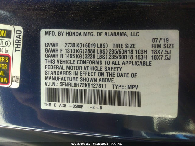 2019 HONDA ODYSSEY EX-L VIN: 5FNRL6H72KB127811