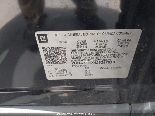 2018 CHEVROLET EQUINOX LT VIN: 2GNAXTEX4J6287818