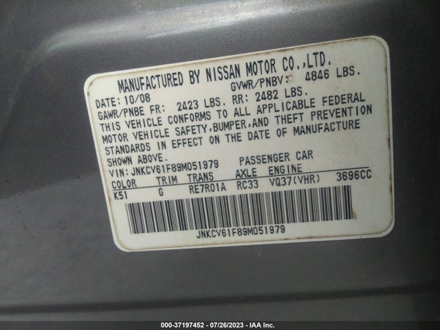 2009 INFINITI G37 SEDAN X VIN: JNKCV61F89M051979