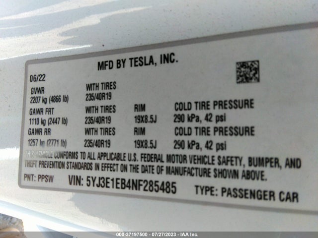 2022 Tesla 3, VIN: 5YJ3E1EB4NF285485