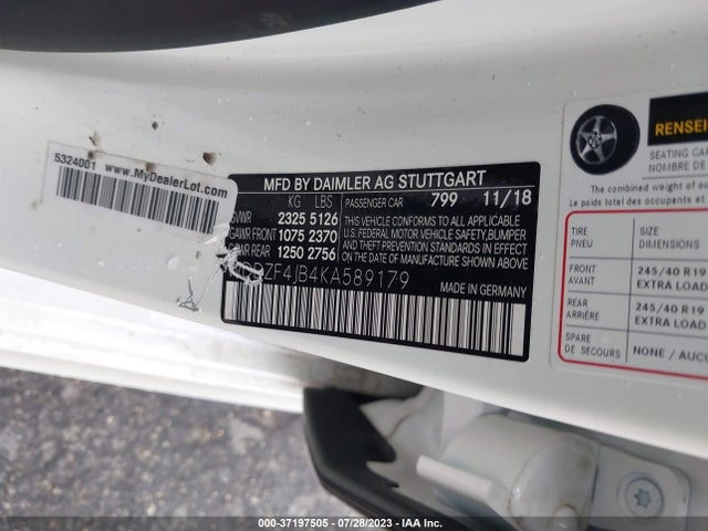 2019 MERCEDES-BENZ E-CLASS E 300 VIN: WDDZF4JB4KA589179