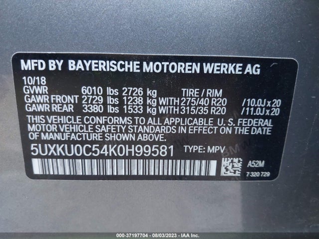 2019 BMW X6, VIN: 5UXKU0C54K0H99581
