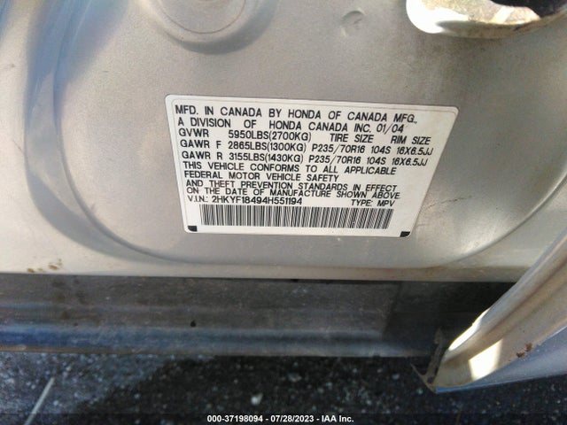 2004 HONDA PILOT EX VIN: 2HKYF18494H551194