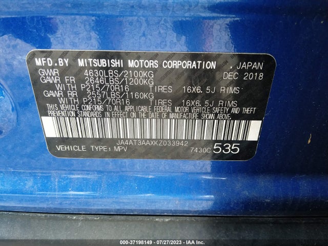 JA4AT3AAXKZ033942 Mitsubishi Eclipse Cross Es