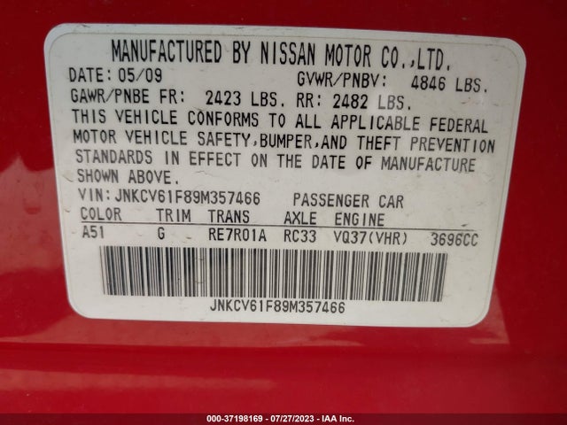 2009 INFINITI G37 SEDAN X VIN: JNKCV61F89M357466