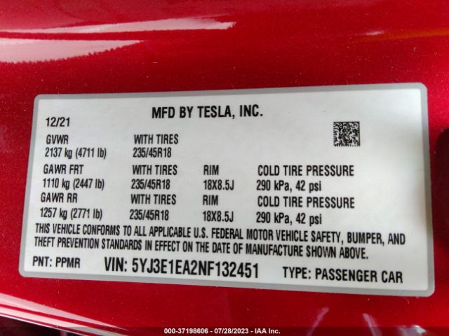 5YJ3E1EA2NF132451 Tesla MODEL 3