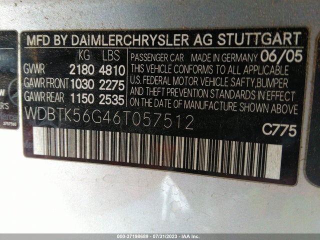 2006 MERCEDES-BENZ CLK-CLASS 3.5L VIN: WDBTK56G46T057512