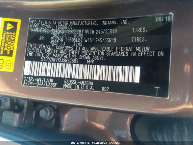 5TDDZRFH0JS892581 Toyota Highlander Limited