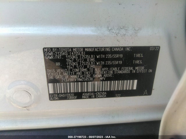 2022 TOYOTA RAV4 ADVENTURE VIN: 2T3J1RFV1NW258538