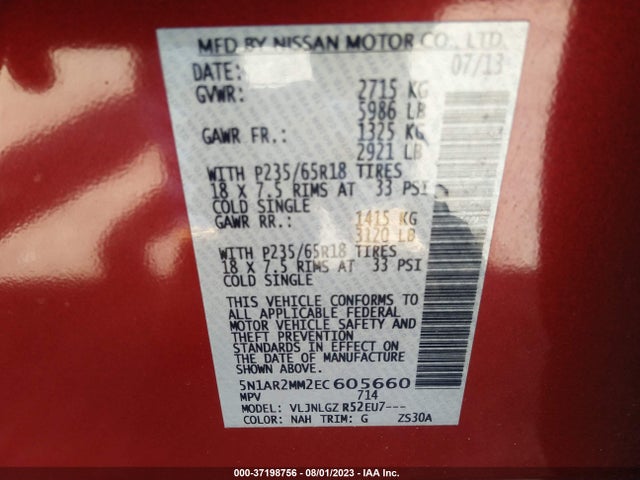 2014 NISSAN PATHFINDER SL VIN: 5N1AR2MM2EC605660