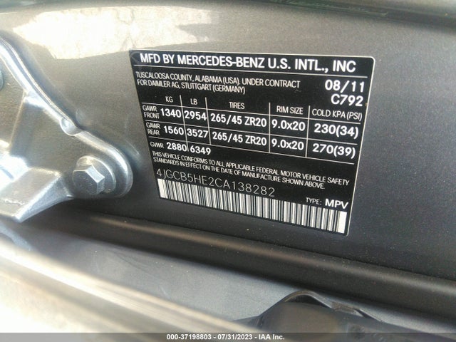 2012 MERCEDES-BENZ R-CLASS R 350 VIN: 4JGCB5HE2CA138282