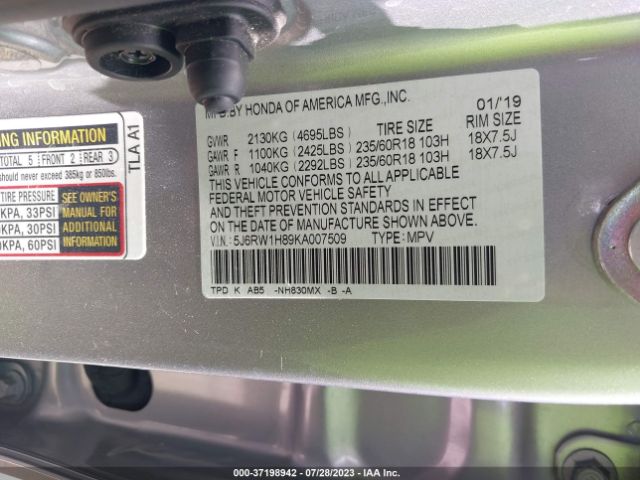 5J6RW1H89KA007509 Honda Cr-v Ex-l