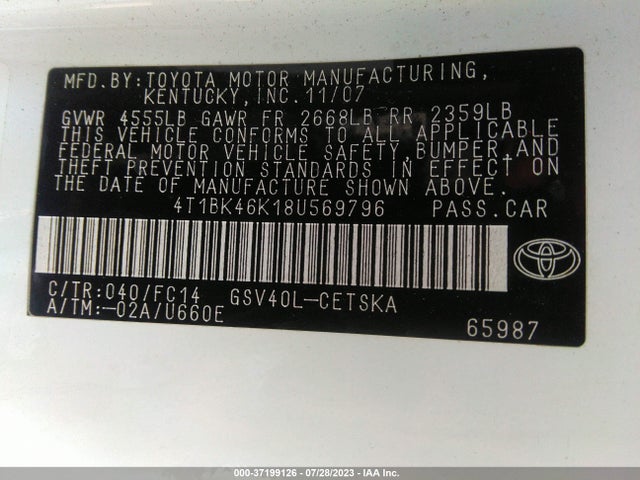 2008 TOYOTA CAMRY LE/SE/XLE VIN: 4T1BK46K18U569796