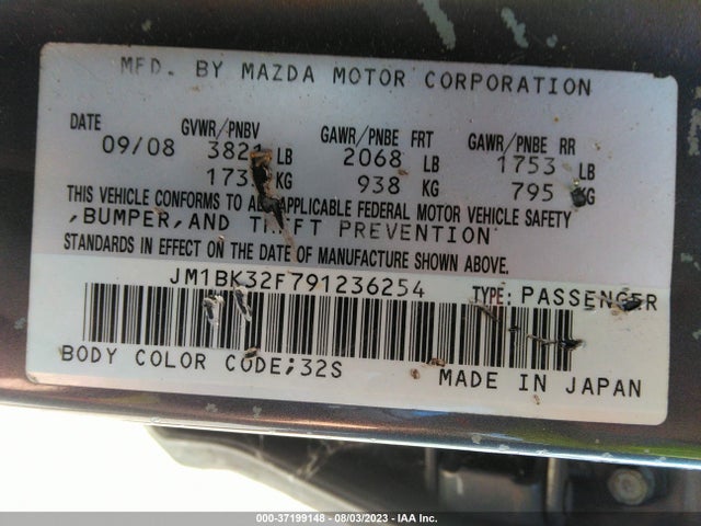 2009 MAZDA MAZDA3 I TOURING VALUE VIN: JM1BK32F791236254