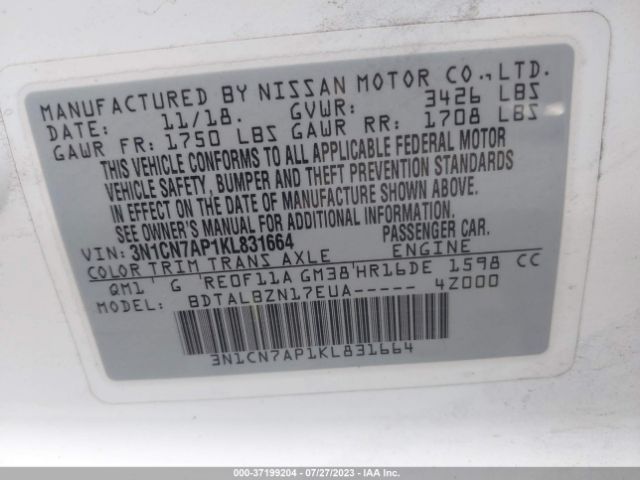 3N1CN7AP1KL831664 Nissan Versa Sedan Sv