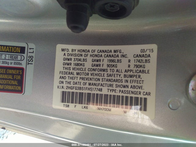2015 HONDA CIVIC COUPE LX VIN: 2HGFG3B51FH517748