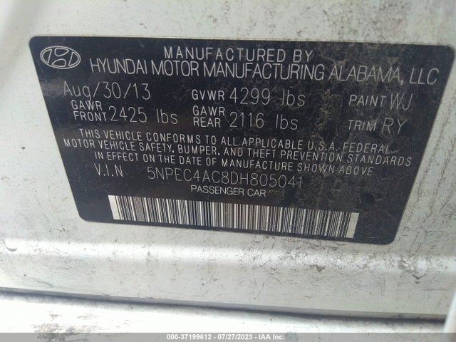 2013 HYUNDAI SONATA SE VIN: 5NPEC4AC8DH805041
