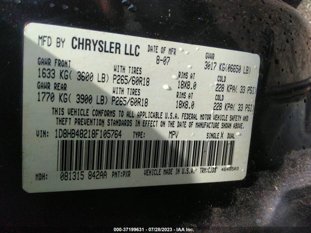 2008 DODGE DURANGO SLT VIN: 1D8HB48218F105764