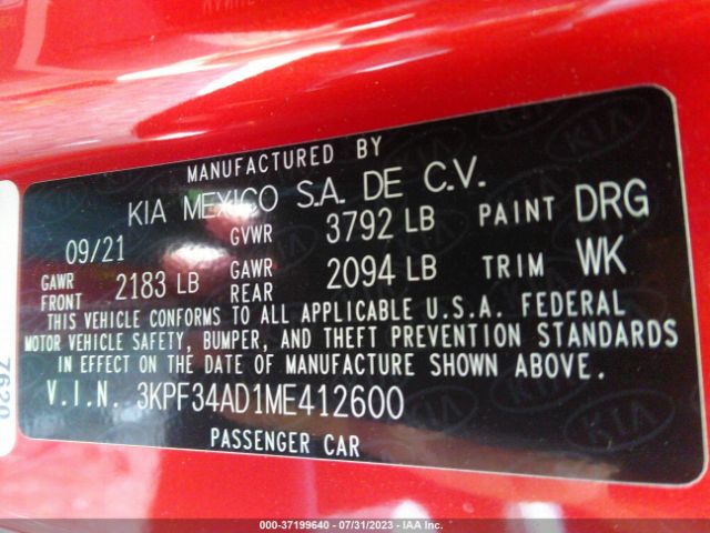 3KPF34AD1ME412600 KIA Forte Gt-line