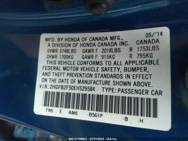 2014 HONDA CIVIC SEDAN LX VIN: 2HGFB2F50EH529584