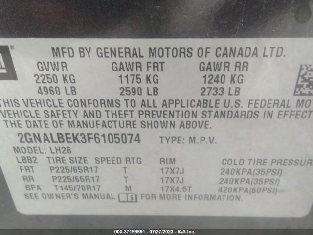 Chevrolet EQUINOX LT 2015 2GNALBEK3F6105074 Image 9