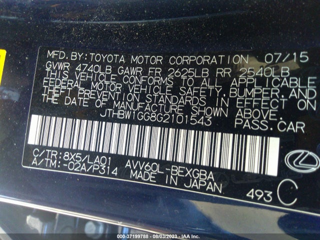 JTHBW1GG8G2101543 Lexus Es 300h Hybrid