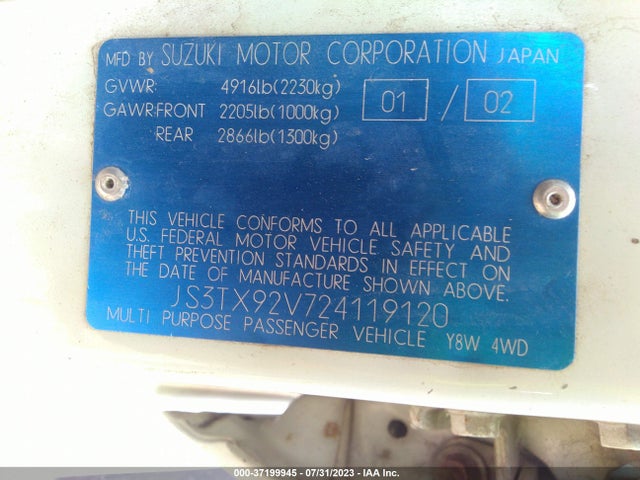 2002 SUZUKI XL-7 STANDARD/PLUS/TOURING VIN: JS3TX92V724119120
